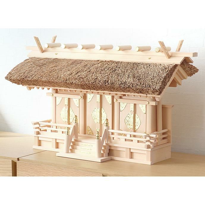 国産高級神棚 茅葺通し三社（木曽ひのき） No614 日本製 ヒノキ製 神具
