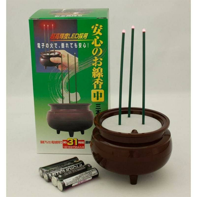 安心のお線香 中 三本立（茶色）電子線香 配線不要 (6511-0100) | 仏壇