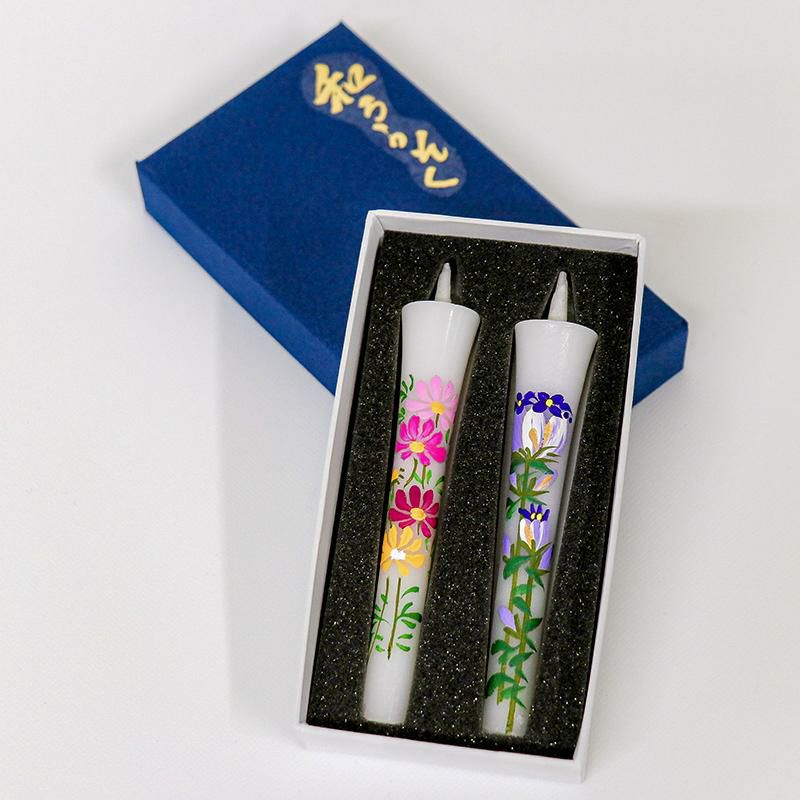 【美品】絵ろうそく　和蝋燭　アート　2本セット 和ろうそく 手描き絵ろうそく 四季の花 2本セット 3号 ローソク 朱