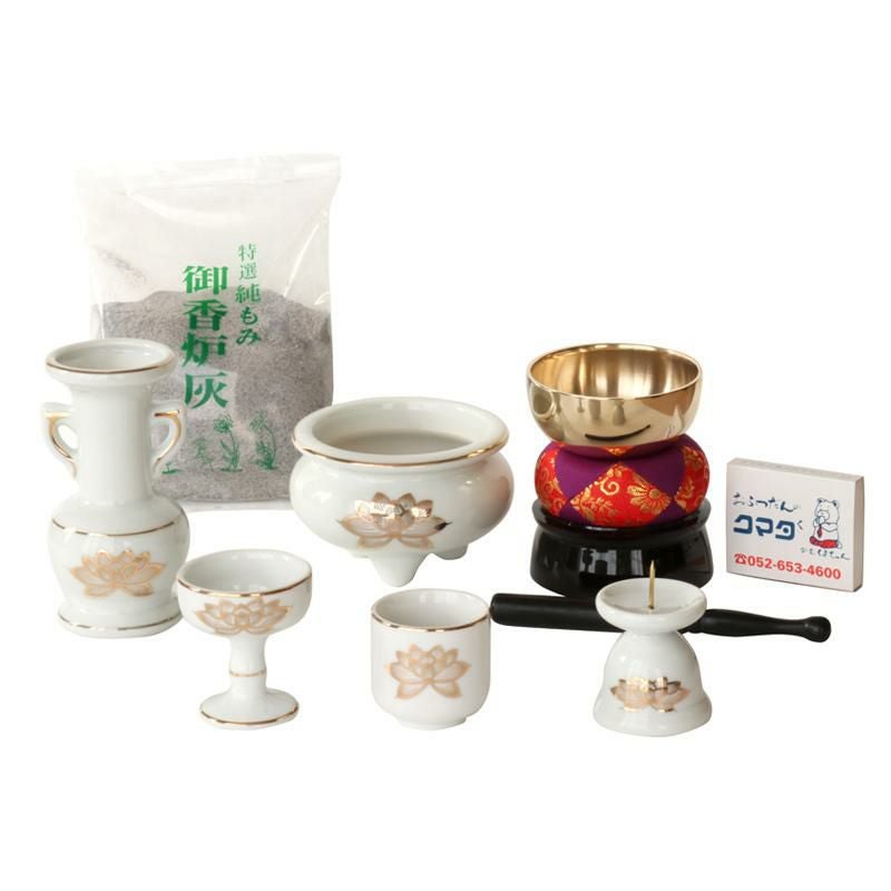 仏具 セット 白 金蓮模様 陶器5点+おりんセット 香炉灰・マッチ付き