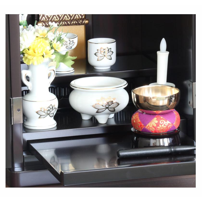 仏具 セット 白 金蓮模様 陶器5点+おりんセット 香炉灰・マッチ付き