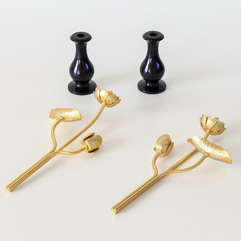 真鍮 金色常花（花立て付き） 1対【3寸】高さ16.5cm 仏具 常花 仏壇 常