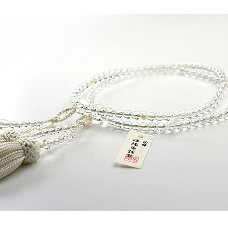 女性用高級念珠・数珠2輪 本水晶 四天本真珠仕立て 正絹頭付房(KL001