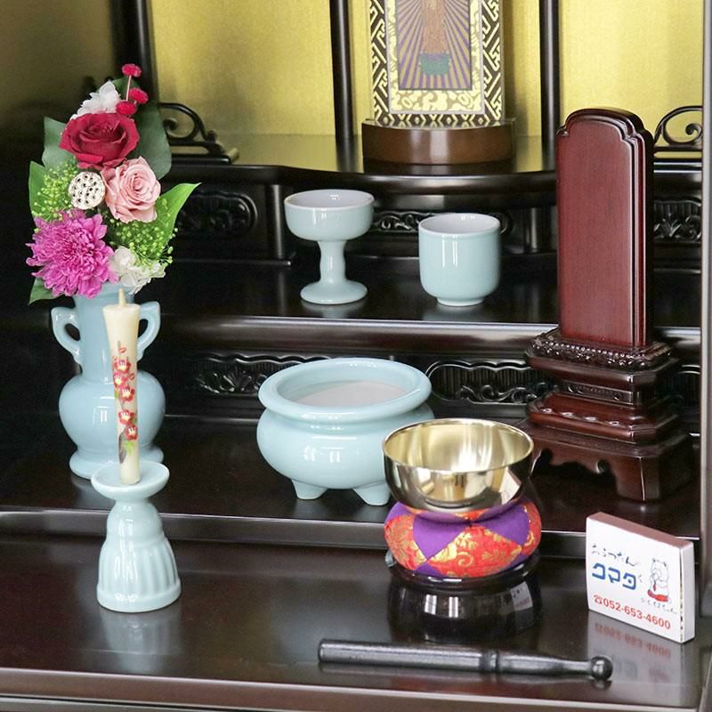 仏具 セット 青磁無地 陶器5点+おりんセット 香炉灰・マッチ付き
