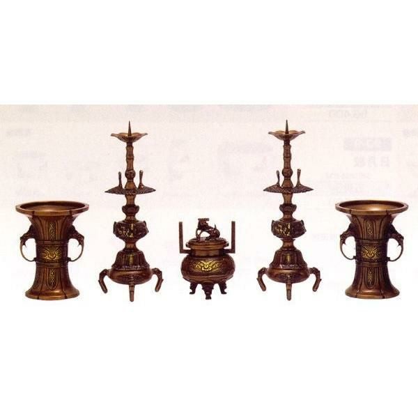 1904  春甫造　古銅　仏具 木瓜菖蒲型五具足　火立2客　花立2客　香炉1客 仏具 セット 【五具足】 木瓜菖蒲型 4.5寸/高級 仏壇仏具セット | 仏壇