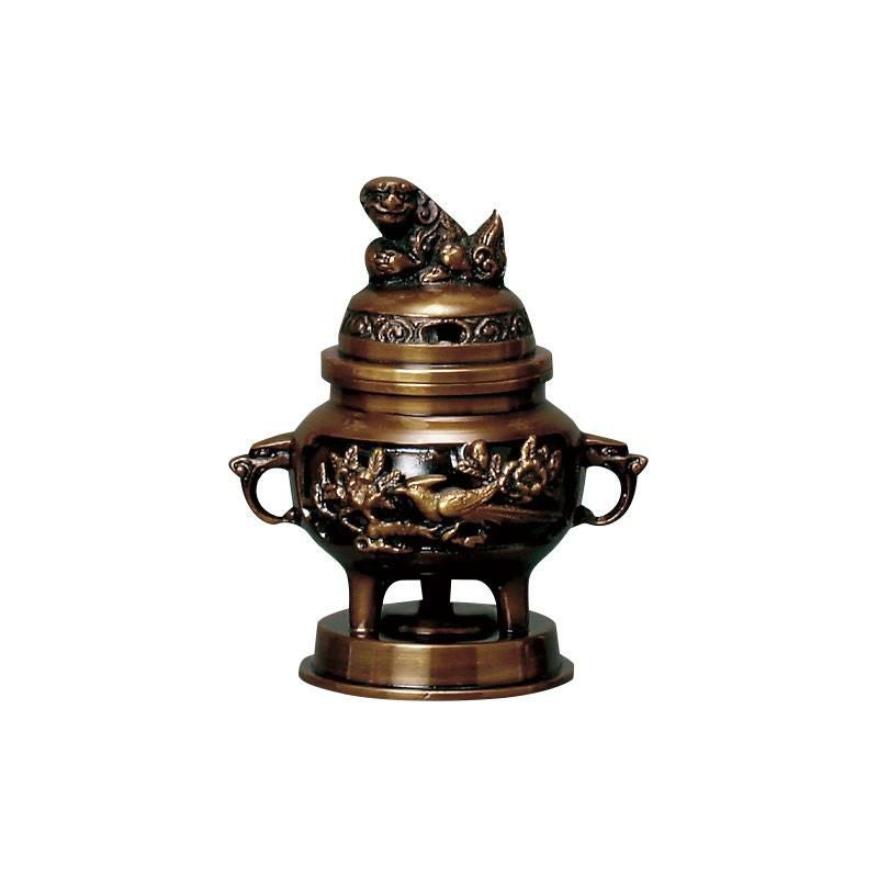 銅製 花鳥図 五具足 在銘／獅子香炉 燭台 花立 法具 仏教 仏壇 彫金 獣
