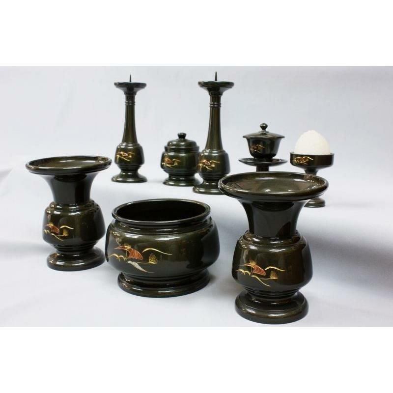 仏具 8点セット 銅器仏具 「富士型」花ごころ 4寸（深海色） 8具足真鍮