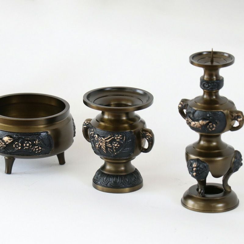 仏具 セット 【六具足】 花鳥型 黒光色 3.5寸仏壇 花立て 香炉 飾り