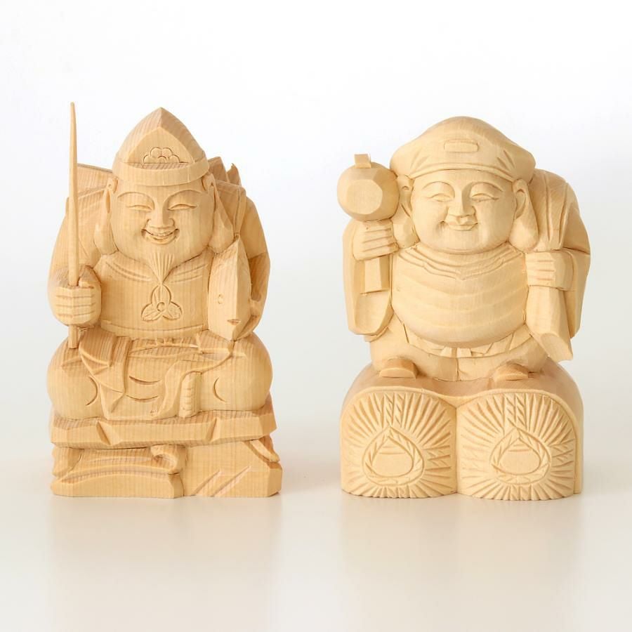 仏像 【総白木】 恵比寿・大黒天 台無し 2.0寸 木彫 七福神 えびす
