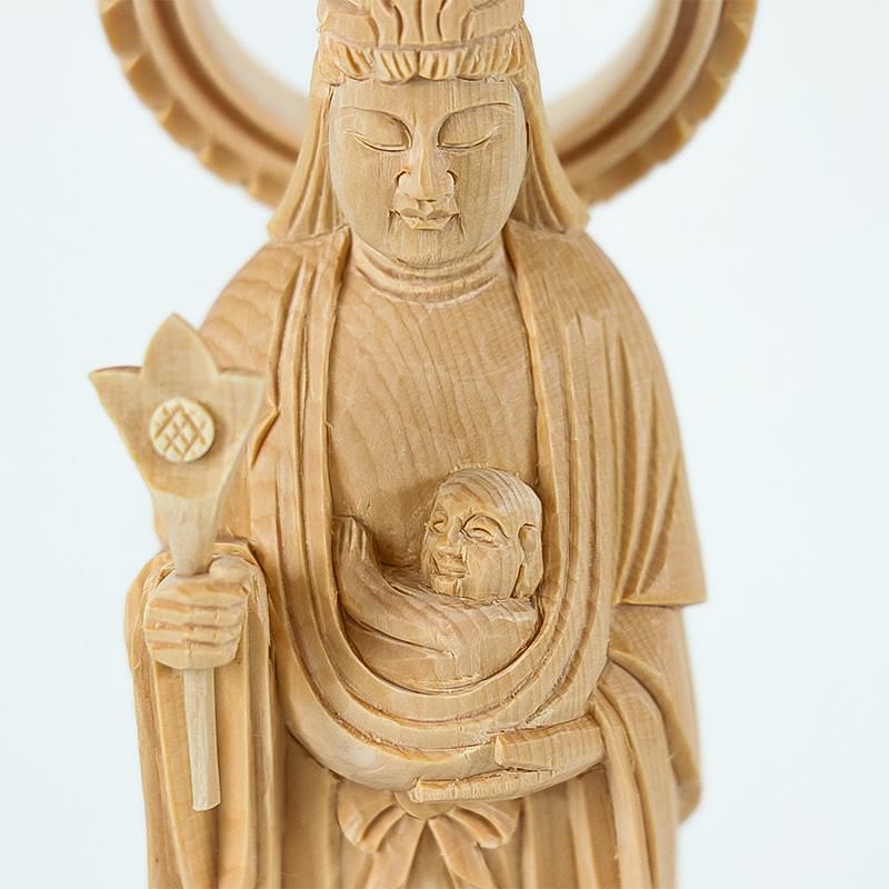 仏像 【総白木】 子安鬼子母神 4.0寸（高さ：222mm） 木彫 きしもじん