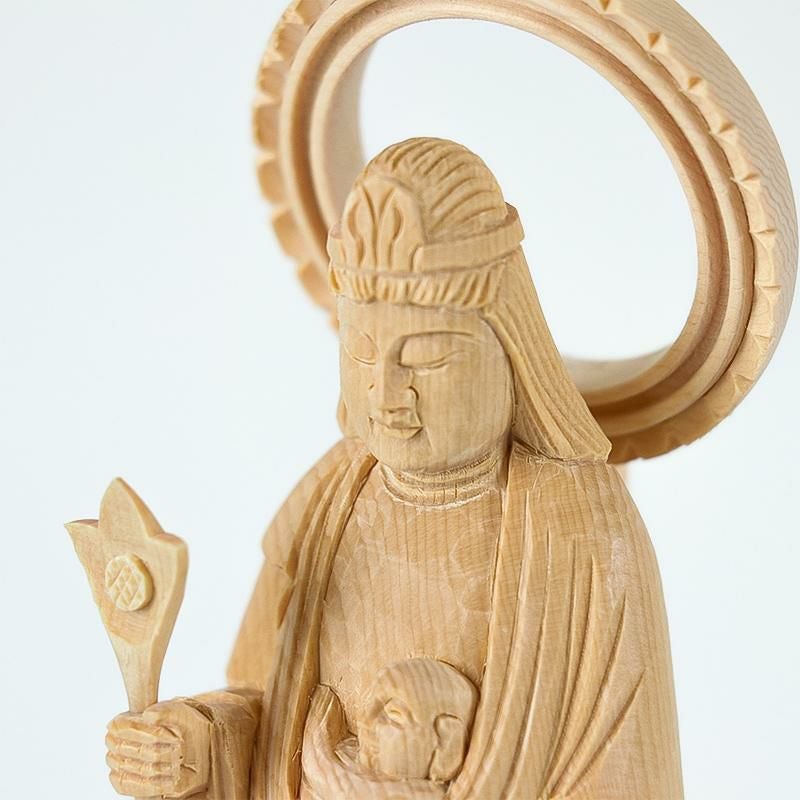 仏像 【総白木】 子安鬼子母神 5.0寸（高さ：273mm） 木彫 きしもじん