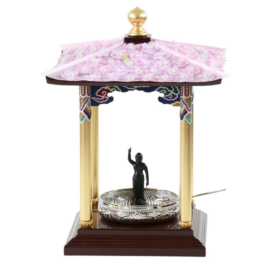 【修縁堂】仏教法具 灌頂蓮華宝鏡 ステンレスミラー面 花御堂 1.5尺 5点セット（本体＋屋根用花飾り+誕生仏6寸＋タライ7寸＋