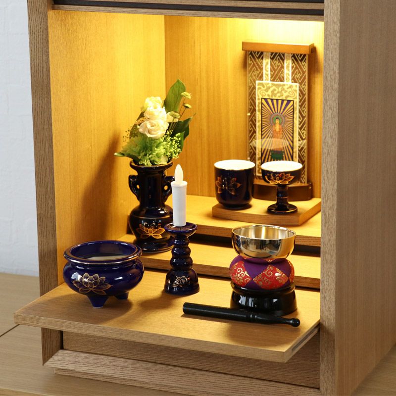 仏具 セット 瑠璃色 金蓮 陶器5点+おりんセット 香炉灰・マッチ付き