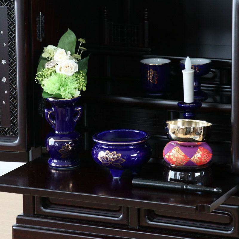 仏具 セット 瑠璃色 金蓮 陶器5点+おりんセット 香炉灰・マッチ付き