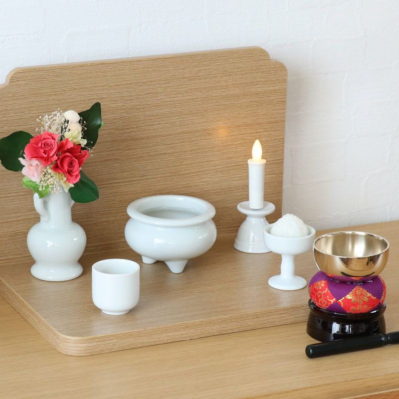 仏具 セット 白磁無地 陶器5点+おりんセット 香炉灰・マッチ付き