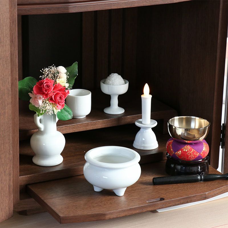 仏具 セット 白磁無地 陶器5点+おりんセット 香炉灰・マッチ付き