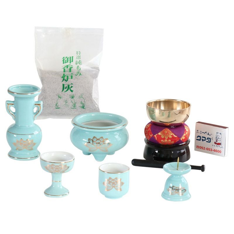 仏具 セット 青磁金蓮 陶器5点+おりんセット 香炉灰・マッチ付き