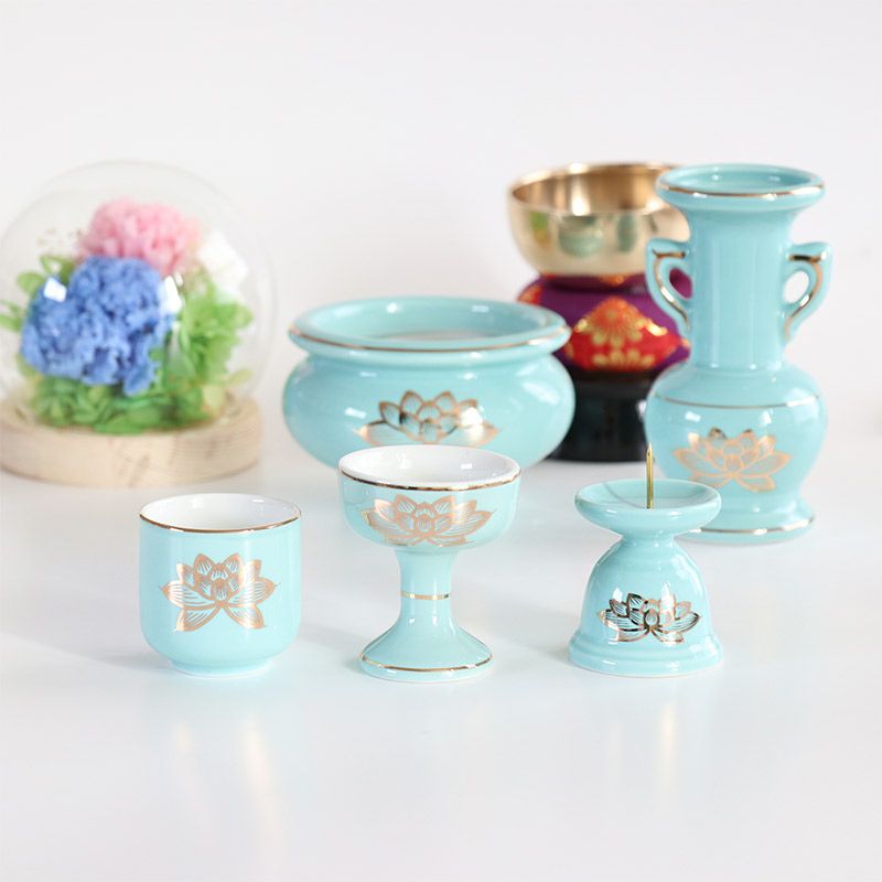 仏具 セット 青磁金蓮 陶器5点+おりんセット 香炉灰・マッチ付き