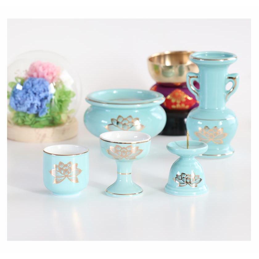 仏具 セット 青磁金蓮 陶器5点+おりんセット 香炉灰・マッチ付き